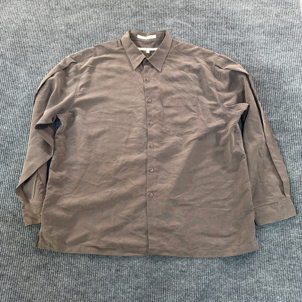 Perry Ellis Mens Button Down Shirt XXL Brown Solid Rayon Blend Long Sleeve